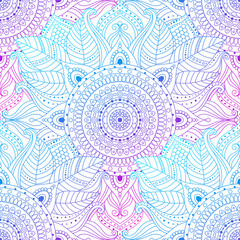 Seamless oriental arabesque pattern. Laced decorative floral background with circular ornament, gradient mandala. Mosaic tiles boho, gypsy, ethnic design in vector, Indian or Arabic motifs.