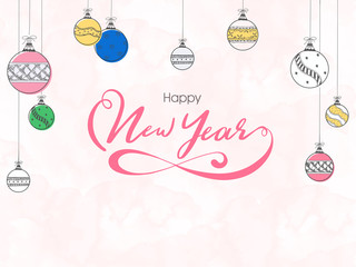 Wall Mural - Calligraphy of Happy New Year and line art style baubles hang on pink watercolor effect background. Can be used as greeting card design.