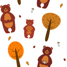 Bears Seamless Pattern Vector Digital Paper Trees Leaves Mushrooms Acorns Autumn