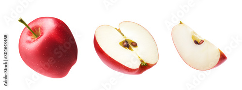 Fotomural Set of fresh whole, cut half and slice red apple isolated on white background