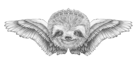 Wall Mural - Portrait of Sloth with wings. Hand drawn illustration. 