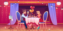 Couple Romantic Dinner In Restaurant, Man And Woman In Love Sitting At Served Table With Burning Candles Drinking Champagne, Heart Shaped Balloons And Flower Petals Around. Cartoon Vector Illustration