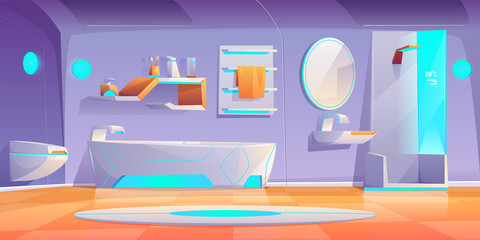 Futuristic bathroom interior with furniture and stuff, neon glowing bath tub, shower cabin, washbasin, towel hanger, toilet bowl, mirror, toothbrushes on shelf, modern home Cartoon vector illustration