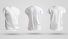 Set Of Blank Men's T-shirts With Shadows, Front And Back View. Design Template On A White Background.