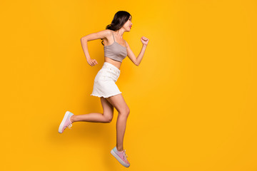 Sticker - Side profile full length body size photo of cheerful positive cute pretty nice girlfriend running towards jumping sales isolated vivid color background