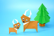 Origami Christmas Paper Art : Reindeer And Christmas Tree For Greeting Season Of Christmas And New Year. Copy Space