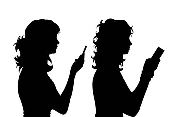 Poster - Vector silhouette of couple who call with cell phone on white background. Symbol, of mobile, phone, telephone, speak, talk, communication, callular.