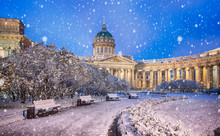 Kazan Cathedral Or Kazanskiy Kafedralniy Sobor Also Known As The Cathedral Of Our Lady Of Kazan, Is A Russian Orthodox Church On The Nevsky Prospekt In Saint Petersburg, Russia. Snow Winter Night.