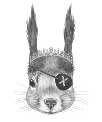 Wall Mural - Portrait of Squirrel with diadem and eye patch. Hand-drawn illustration. 