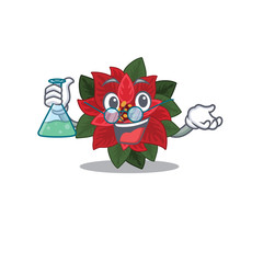 Sticker - Flower poinsettia as a funny Professor cartoon character holding glass tube