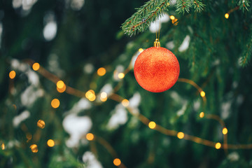 Red christmas ball hanging on branch on sruce tree outdoor, snow, winter, with decorations.