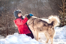A Boy In A Hat With Ears Is Playing With An Alaskan Malamute Out