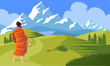 sadhu walking to mountain, himalaya vector illustration