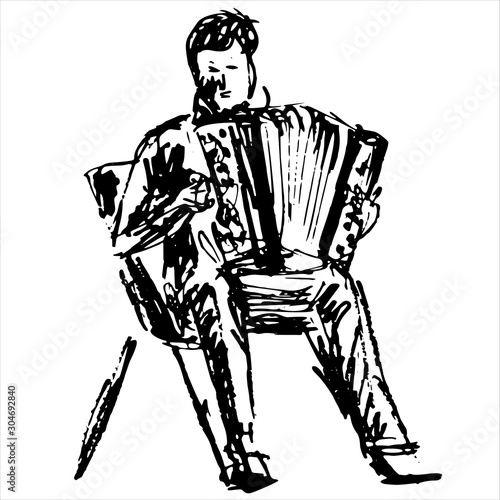 Fotomural Musical instrument accordionist sit - black and white hand draw vector illustrat
