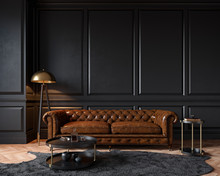 Modern Classic Black Interior With Capitone Brown Leather Chester Sofa, Floor Lamp, Coffee Table, Carpet, Wood Floor, Mouldings. 3d Render Interior Mock Up.