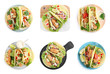 Set of delicious fresh fish tacos on white background, top view