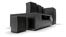Black DVD Receiver And Home Theater System With Speakers And Subwoofer. 3d Illustration.