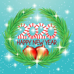 Wall Mural - 2020 Happy New Year greetings on Christmas background with fir wreath and red balls.