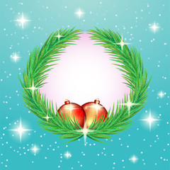 Wall Mural - Christmas fir wreath with red balls on a winter blue background.