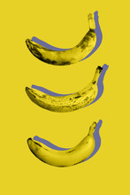 Photography Minimal Art Collage Of Ugly Ripe Fruit Bananas On Yellow Color Background In Trendy Pop-art Style.Top View Flat Lay Isometric Pattern.Modern Design.Vertical Orientation
