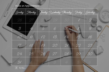 Canvas Print - Double exposure of calendar and professional designer working at white table. Personal schedule