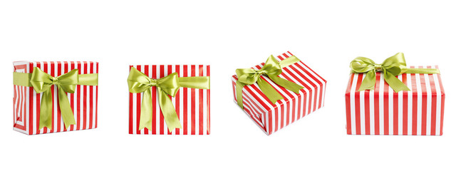 Wall Mural - Christmas gift boxes decorated with ribbon bow on white background