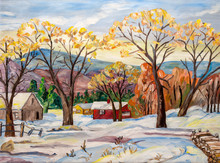Original Oil Painting Of A Beautiful Rural Winter Landscape With Snowy Fields And Village Houses Near A Stream. Christmas Holiday Concept
