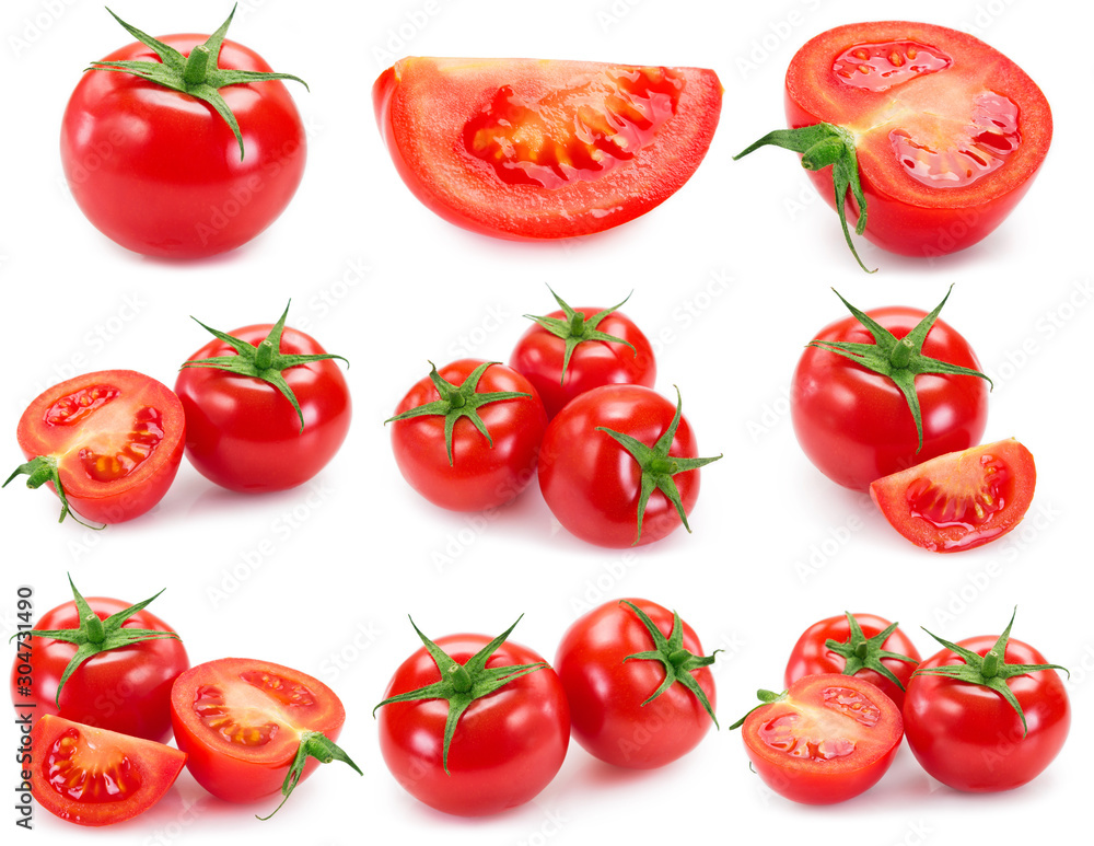 Collection of fresh tomato isolated on white background - obrazy, fototapety, plakaty 