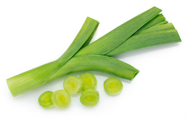 Sticker - Fresh leek on white background