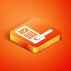 Isometric Digital door lock with wireless technology for unlock icon isolated on orange background. Door handle sign. Security smart home. Vector Illustration