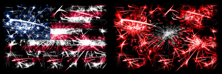 United States of America, USA vs Albania, Albanian New Year celebration sparkling fireworks flags concept background. Combination of two abstract states flags.