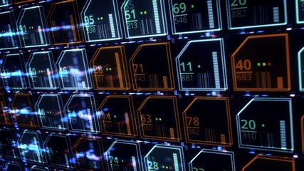 Close up of an abstract circuit board with colorful microchips, seamless loop. Animation. Technology and digital concept, view inside of electronic device.