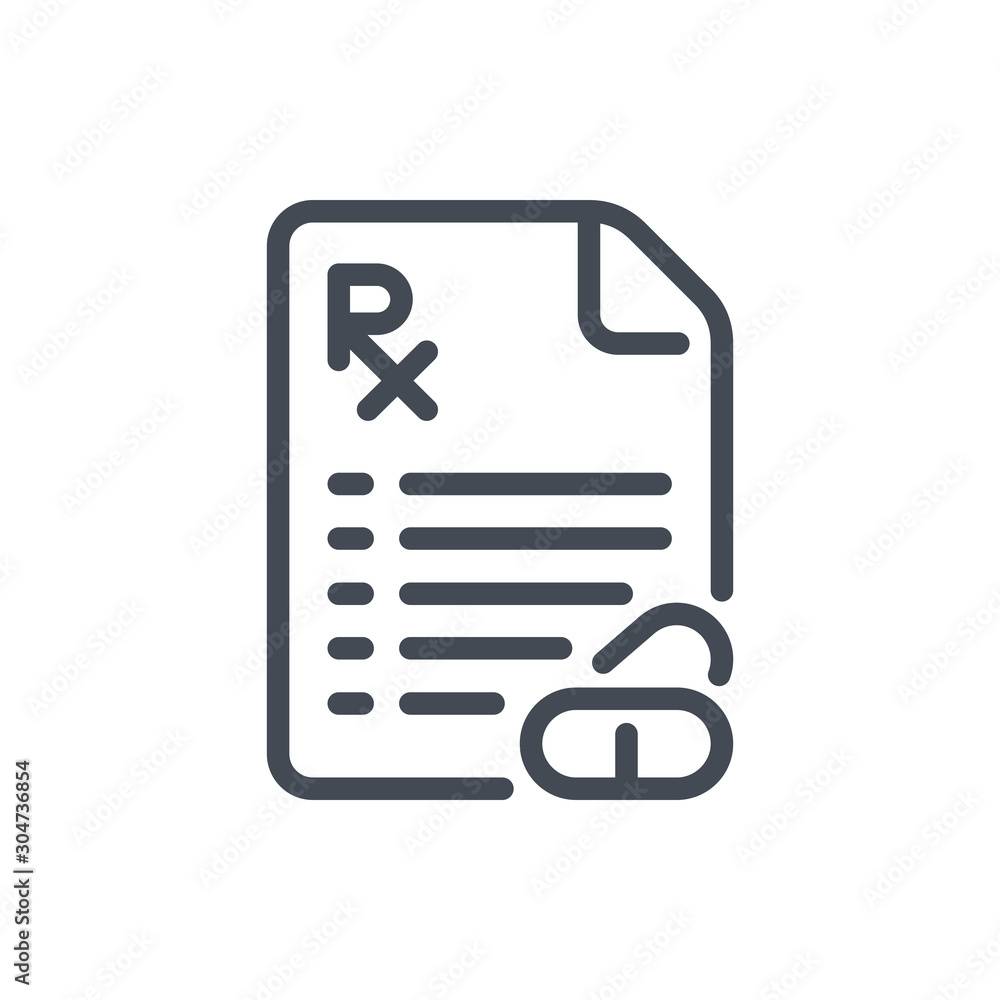 Prescription document with pills line icon. Medical recipe vector outline sign. - obrazy, fototapety, plakaty 
