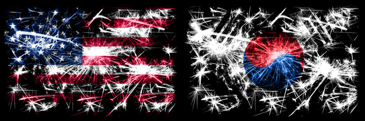 United States of America, USA vs South Korea, Korean New Year celebration sparkling fireworks flags concept background. Combination of two abstract states flags.