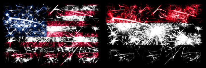 United States of America, USA vs Yemen, Yemeni New Year celebration sparkling fireworks flags concept background. Combination of two abstract states flags.