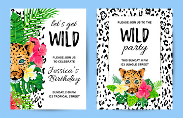 leopard with tropical leaves, flowers, wild party invitations set. place for text. vector illustrati