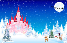 Pink Castle Snow Forest Night Christmas. Pink Castle On A Background Of A Winter Snowy Forest. Snowman Welcomes. Little Deer. Winter Landscape With A Pink Castle In The Forest, Snow, Night, Snowflakes