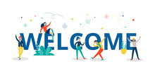Welcome Colorful Letters With People Characters Flat Vector Illustration Isolated.
