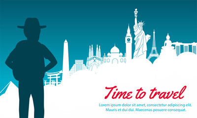 adventurer look to world landmark ahead,silhouette design,vector illustration,green blue gradient,concept artwork