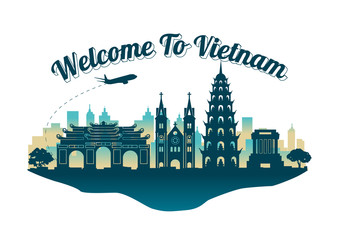 Vietnam top famous landmark silhouette style on island,travel and tourism,vector illustration