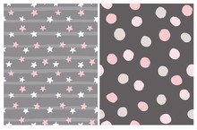 Lovely Starry And Dotted Seamless Vector Patterns. Pink, Gray And Beige Dots Isolated On A Brown Background. Cute Starry Geometric Vector Print For Fabric, Cover. Tiny Stars On A Striped Layout.