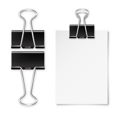 Realistic blank paper sheet with shadow in A4 format and black paper clip, binder isolated on white background. Design template or mockup. Vector illustration.