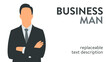 Vector illustration of a successful businessman in a suit standing with arms crossed. Poster with text placeholder and description
