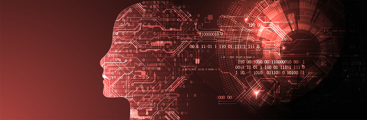 Artificial intelligence (AI) and big data concept. Machine cyber mind.  Humen face with binary data flow. Technology vector background.