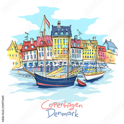 Cuadros en Lienzo Vector sketch of Nyhavn with colorful facades of old houses and old ships in the Old Town of Copenhagen, capital of Denmark