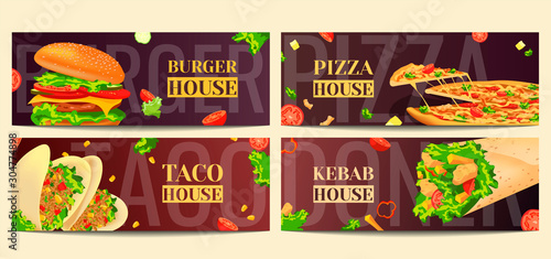 Set Of Banners For Fast Food Cooking Cafe And Restaurant Menu Food Ordering Junk Food Pizza Tacos Kebab And Burger Vector Illustration Perfect For Banner Poster Sign Flyer Advertising Stock Vector Set Of Banners For Fast Food Cooking Cafe And Restaurant Menu Food Ordering Junk Food Pizza Tacos Kebab And Burger Vector Illustration Perfect For Banner Poster Sign Flyer Advertising Stock Vector