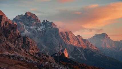 beautiful landscape 4k footage at sunrise in dolomites italy