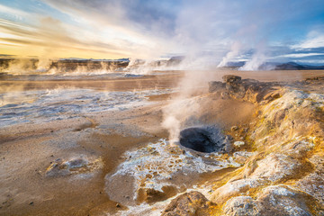 steaming mud holes and solfataras in the geothermal area of Hverir near lake Myvatn, northern Iceland