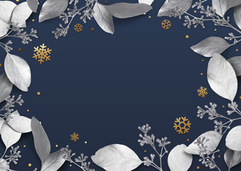 Wall Mural - christmas holiday background. empty place for text in a frame of silver leaves and snowflakes. desig