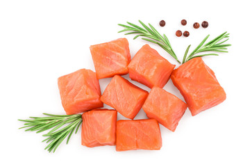 Wall Mural - Slice of red fish salmon with rosemary isolated on white background. Top view. Flat lay